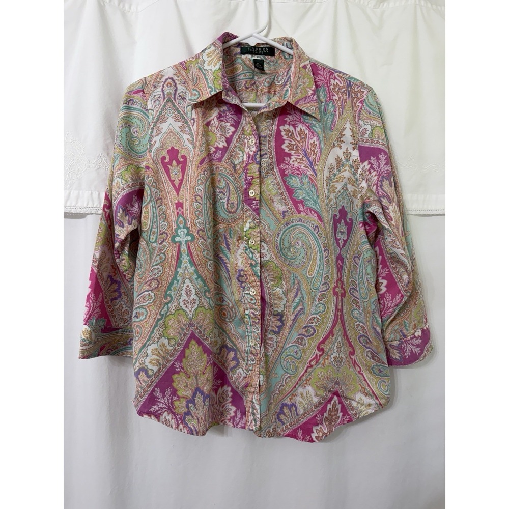 Lauren Ralph Lauren Paisley Print‎ Petite Large 3/4 Length Sleeve Blouse Cotton